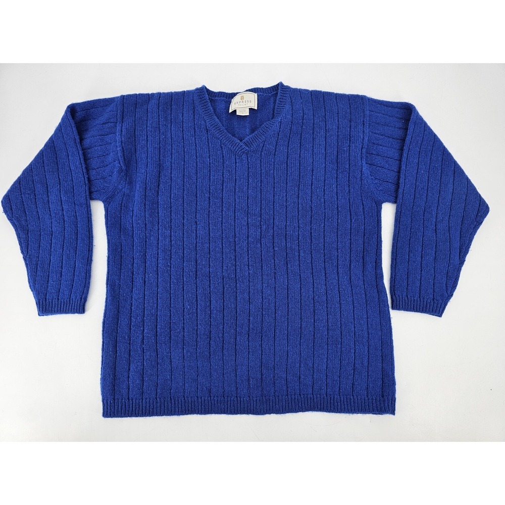 VTG Express Tricot 100% Wool V Neck Blue Pullover Sweater Large